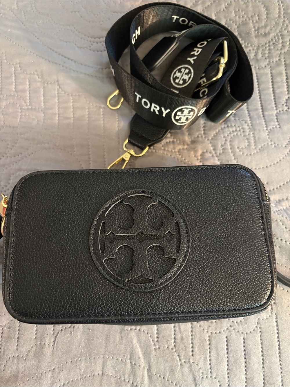 TB Black Pebbled Leather Logo Crossbody with Branded Strap